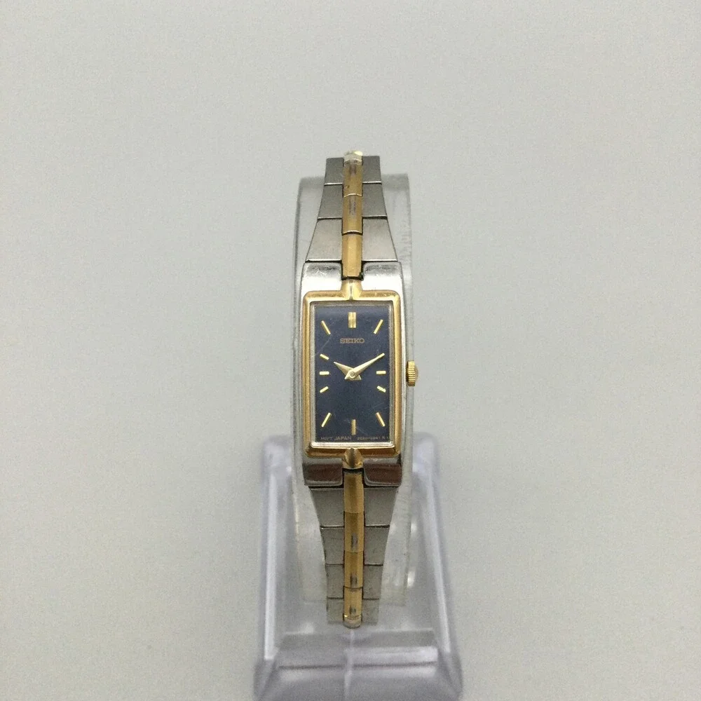Vintage Seiko 2E20-7479 Womens Watch 13mm Two Tone Black Dial New Battery 7